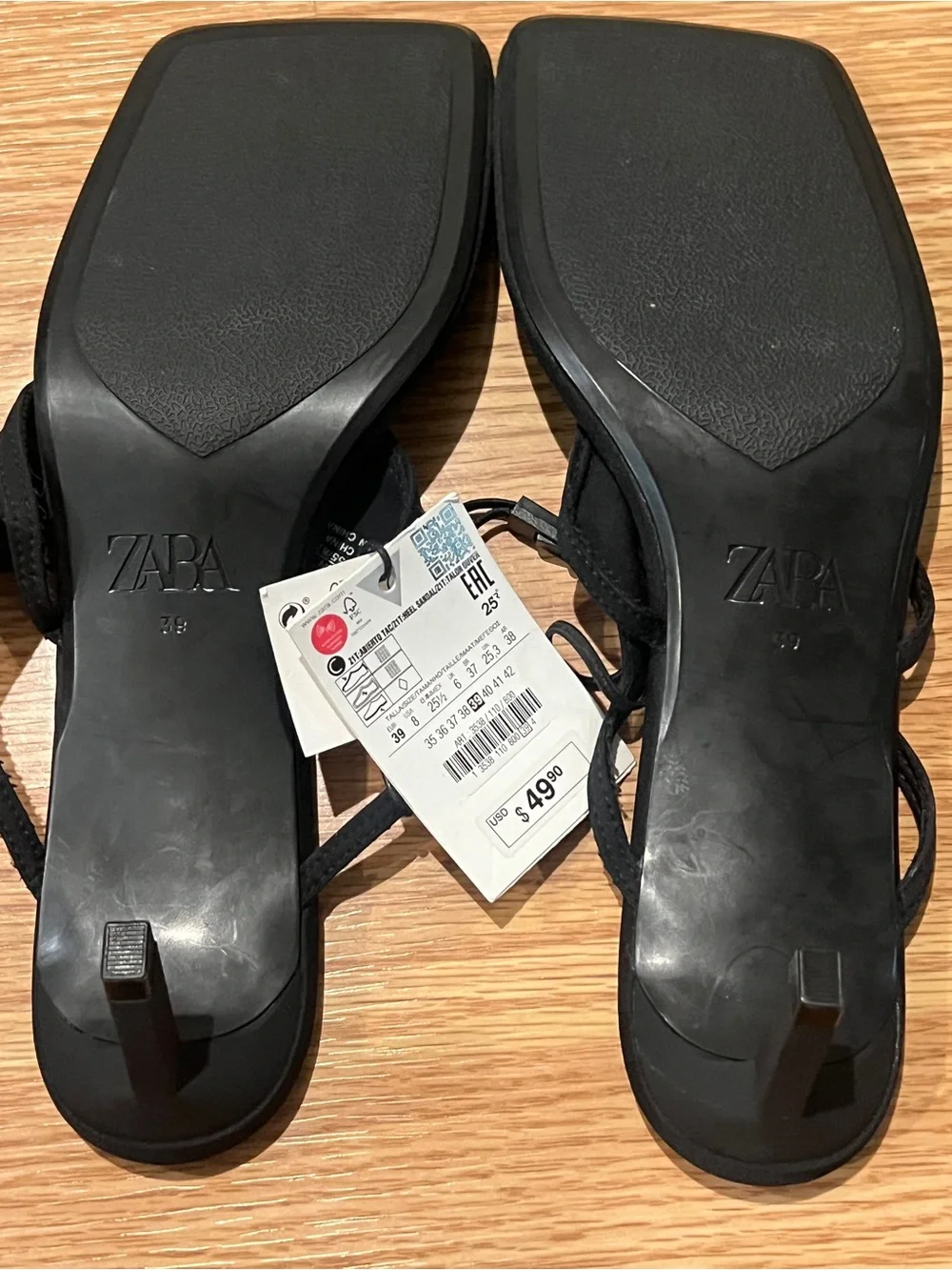 Zara Black Square-Toe Heeled Flip Flop Sandals - Picture 2 of 3